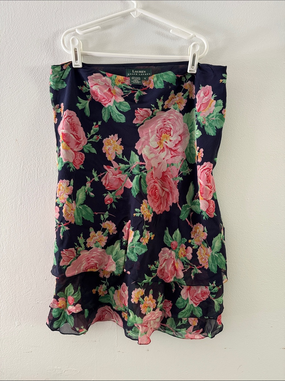 Lauren Ralph Lauren Silk Navy Floral Tiered Skirt with Pink Rose Print Sz 6